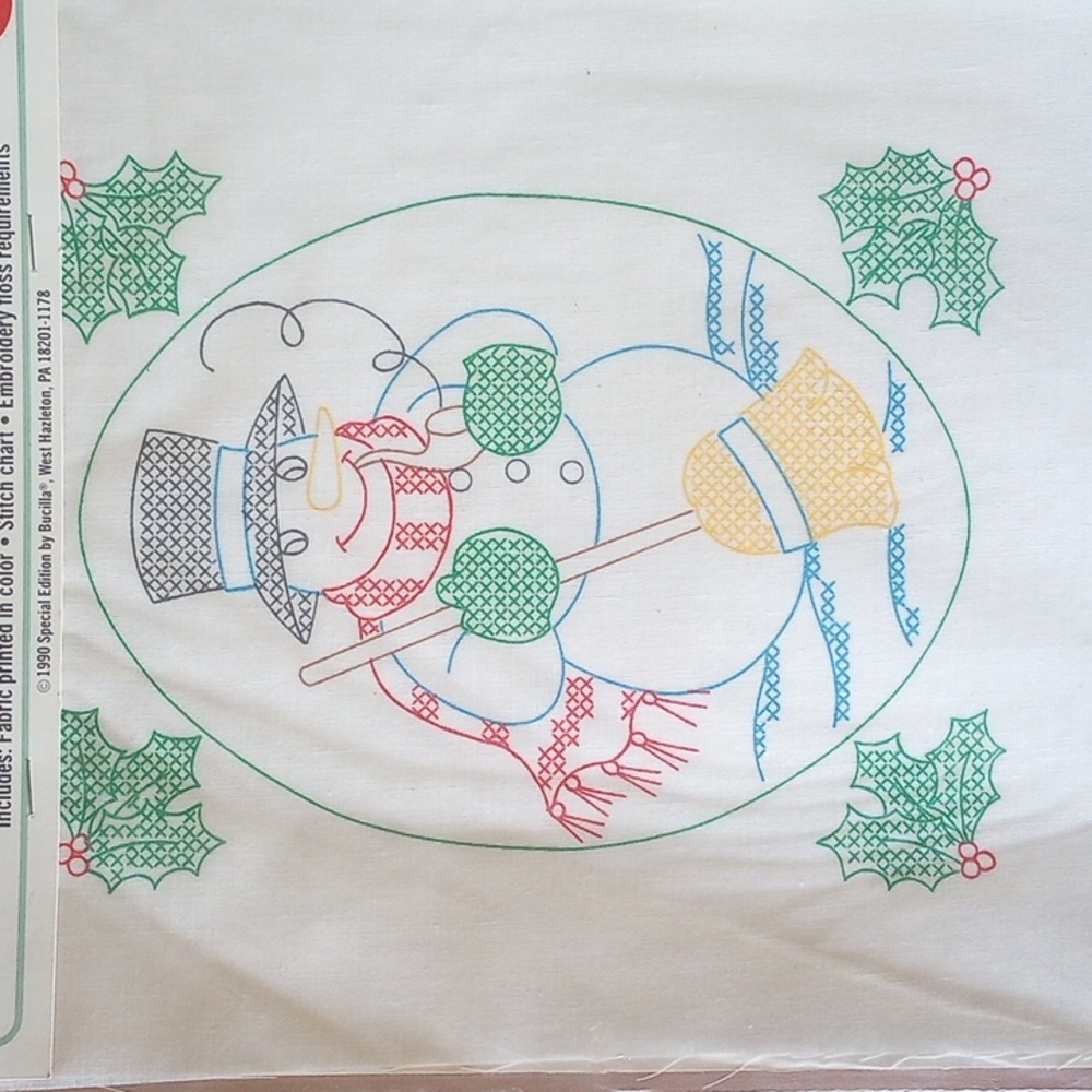 NWT 3 Bucilla Christmas Stamped Cross Stitch Samplers. Snowman Joy Holly Flowers - Picture 2 of 7